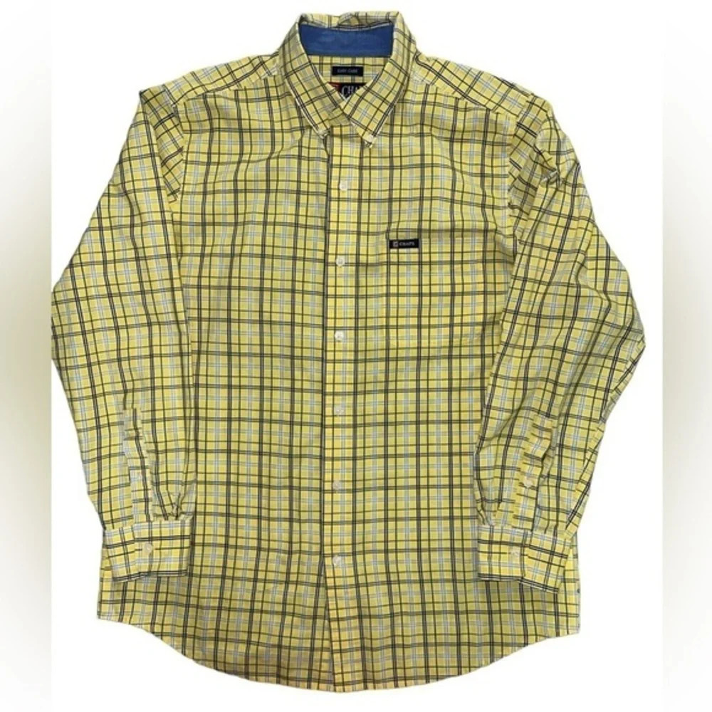 Chaps Long Sleeve Button Down Oxford Dress Shirt Yellow/Blue Plaid